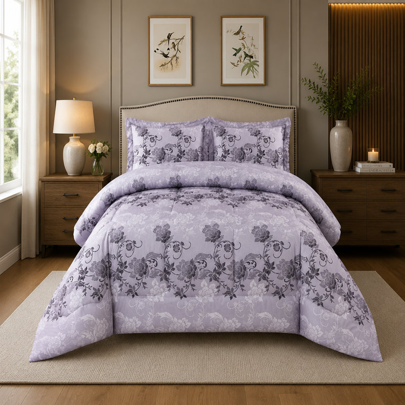 Silver Trendy Printed Bedspread Floral Design Quilted with Pillow Shams, Single Bedspread + 1 Standard Sham