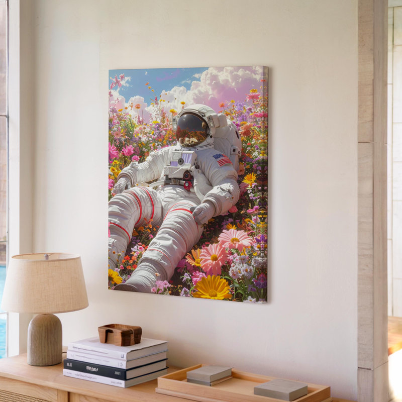 Astronaute dans un champ de fleurs Canvasp Peaceful Space Exploration and Whimsical Serenity, art mural sur toile prêt à accrocher