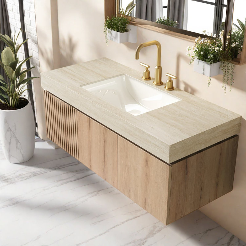 Meuble-lavabo moderne avec rangement, plateau en pierre frittée, armoire en bois, idéal pour la maison