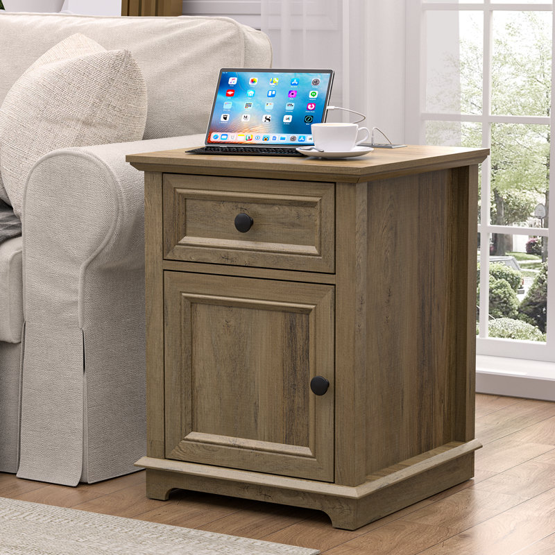 Vianet 24'' Tall End Table with Storage Drawer and Built-In Outlets, Light Brown