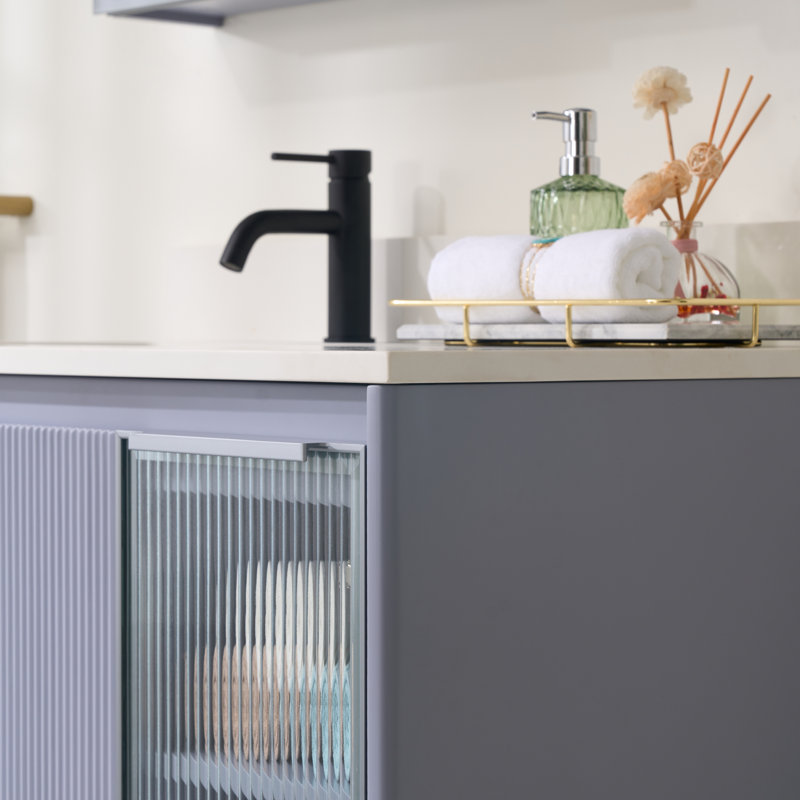 Meuble-lavabo mural l 40 po x H 20 po avec comptoir en quartz blanc, lavabo, tiroir et armoire Gesinus, Lavande