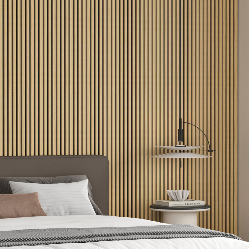 Panneaux muraux à lattes de 104,375 po x l 11,25 po avec embout - traitement mural moderne en bois insonorisant, Noyer clair