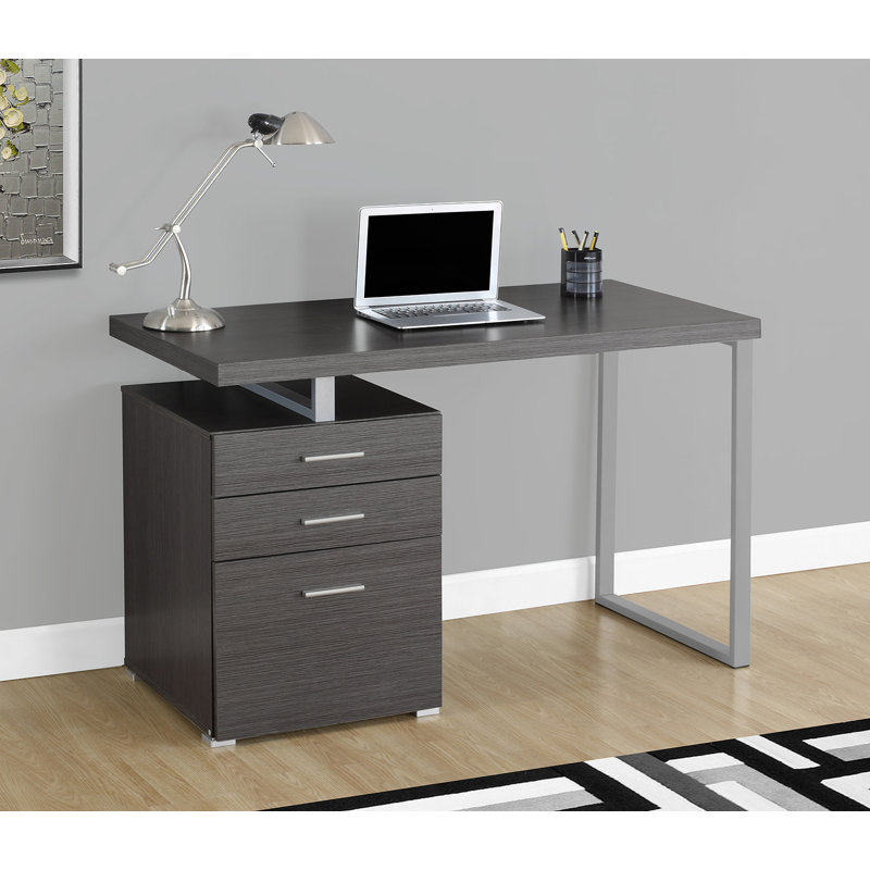 Bureau d'ordinateur contemporain réversible de 48 pouces avec rangement, idéal pour le bureau personnel et le travail sur ordinateur portable, stratifié gris et structure en métal.
