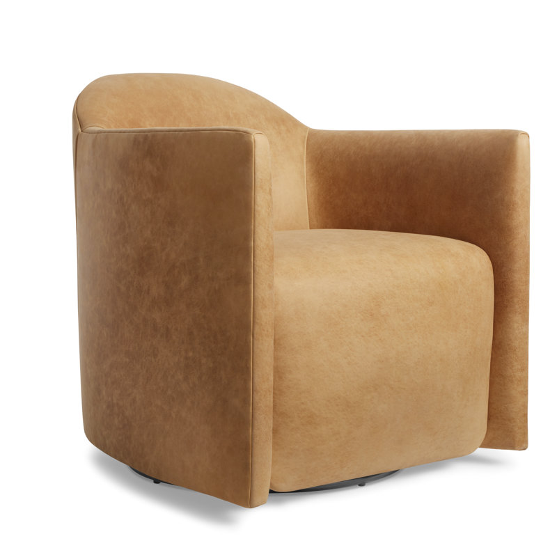 About Face Upholstered Swivel Club Chair, Camel Genuine Leather