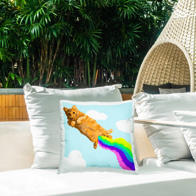 Coussin d'extérieur Flying Rainbow Pixel Cat par June Erica Vess