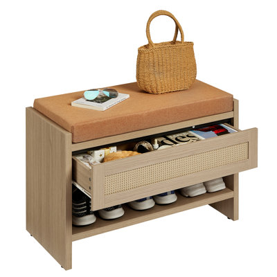Rattan Shoe Bench for Entryway, Entryway Bench with Storage Drawer and Cushion, Wooden Shoe Rack Bench with Shelf for Hallway, Bedroom, Living Room, Farmhouse Storage Bench
