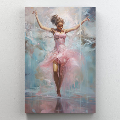 Ballerine dans une robe rose qui danse, peinture d'art sur toile tendue - décor de salon, de chambre à coucher ou de bureau