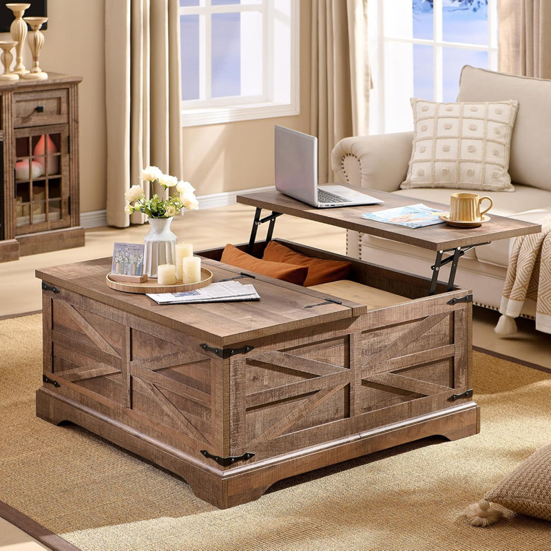 Table basse à plateau relevable Farmhouse, table centrale carrée en bois avec grand compartiment de rangement caché - brun clair