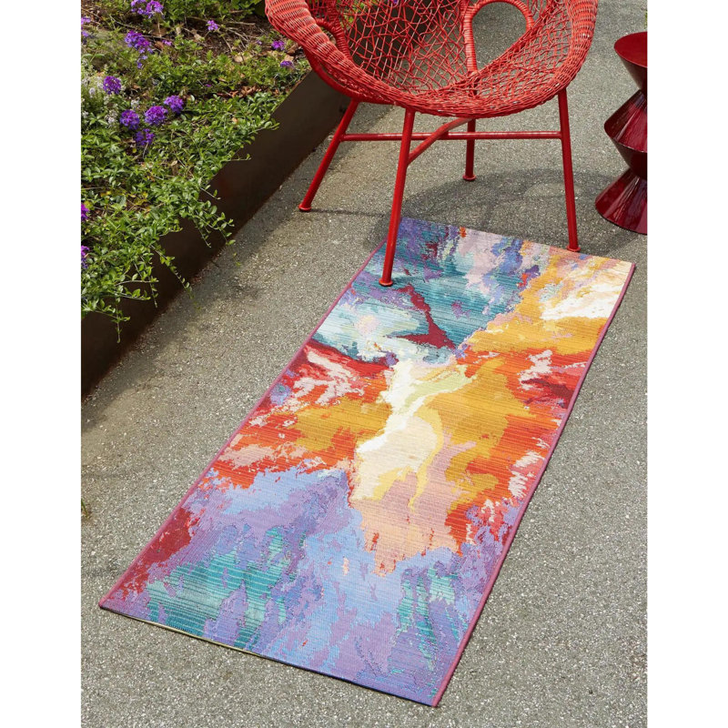 Azaleea Power Loomed Polypropylene Indoor/Outdoor Area Rug in Blue/Red/Orange, Tapis de couloir 2 pi 7 po x 10 pi