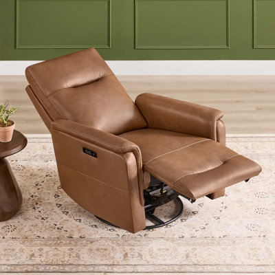 33.9" W Top Grain Leather Swivel Glider Dual-Power Recliner