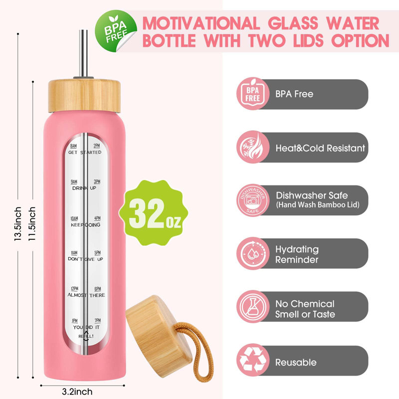 32 oz. LoochMee Bouteille d'eau en verre, Rose