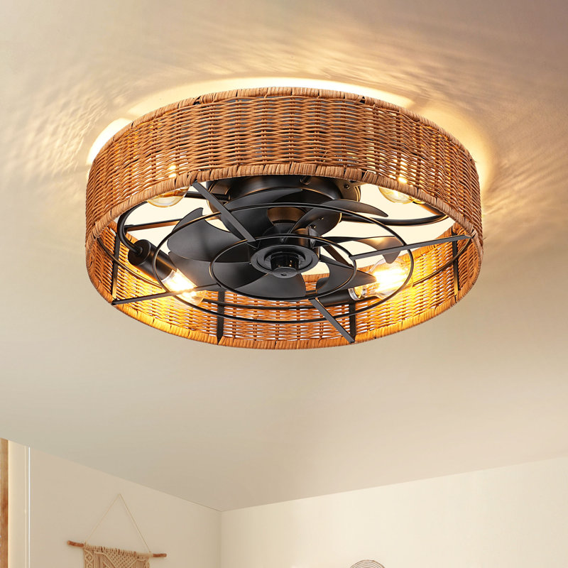 Ventilateur de plafond 19,7 po avec cage en rotin Boho avec lumière et télécommande pour chambre à coucher