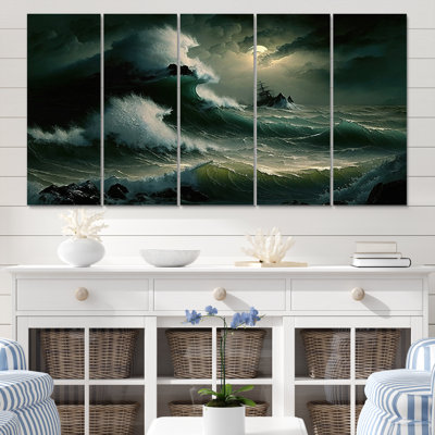Voilier sur les vagues sauvages de la haute mer I - impression d'art sur toile Coastal Waves - 5 panneaux égaux