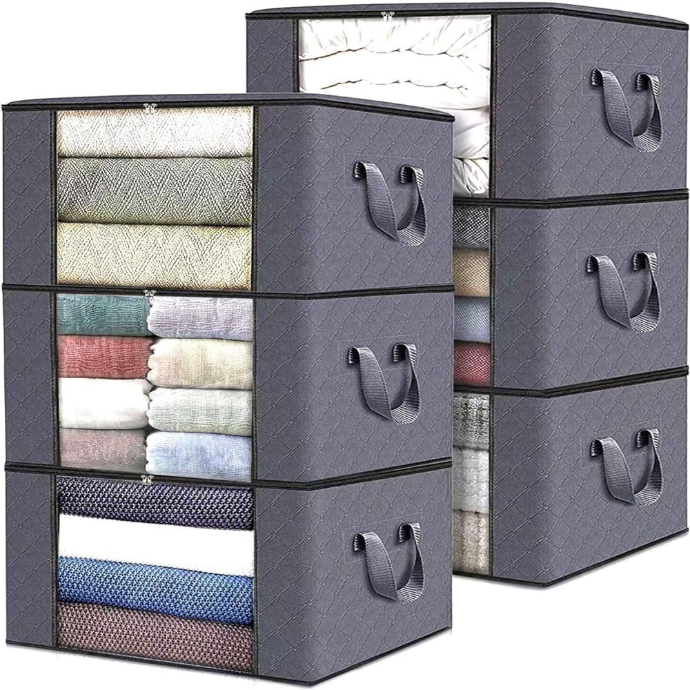 6pcs Fabric Storage Bags, Large Storage Box, Cube Organizer Bins With  Durable Handles, Foldable For Closet, Toys, Clothes, Bedding, Comforters,  Blanket, Grey