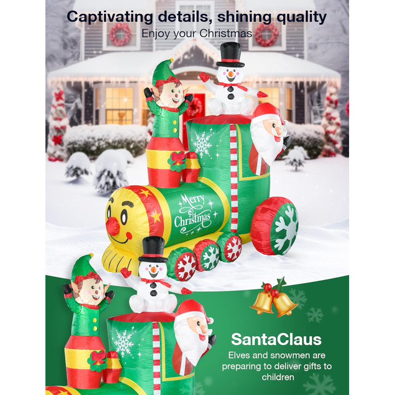 6ft Colorful Inflatable Christmas Train with Santa, Elf, and Snowman