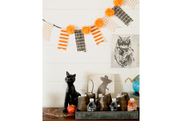 Halloween pennant banner with paper pom poms