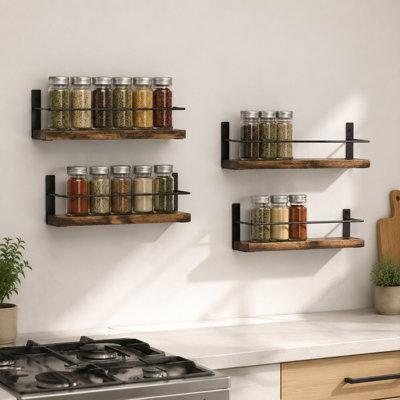 4‑pack wooden hanging spice shelf organizer for cabinet door or wall mounting, complete with 415 spice labels for cupboard, pantry and over‑the‑stove seasoning storage
