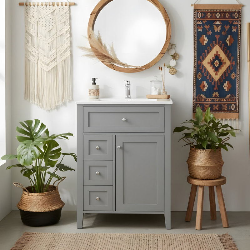 Meuble-lavabo de 24 po avec lavabo, 3 tiroirs et armoire, Gris, 24"