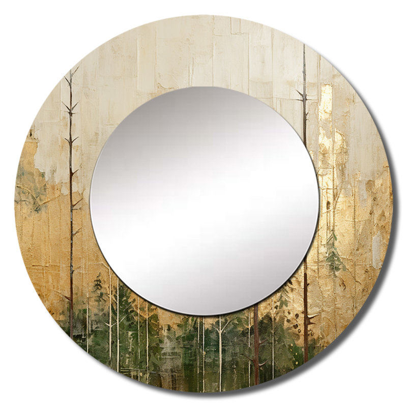 Minimalisme beige et doré forêt I - miroir mural unique forêt, miroir rond beige, impression d'art en métal, 29 po x 29 po