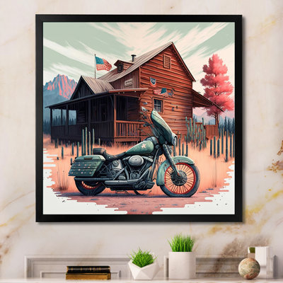 Motocyclette garée à la cabane V - art mural sur toile transport