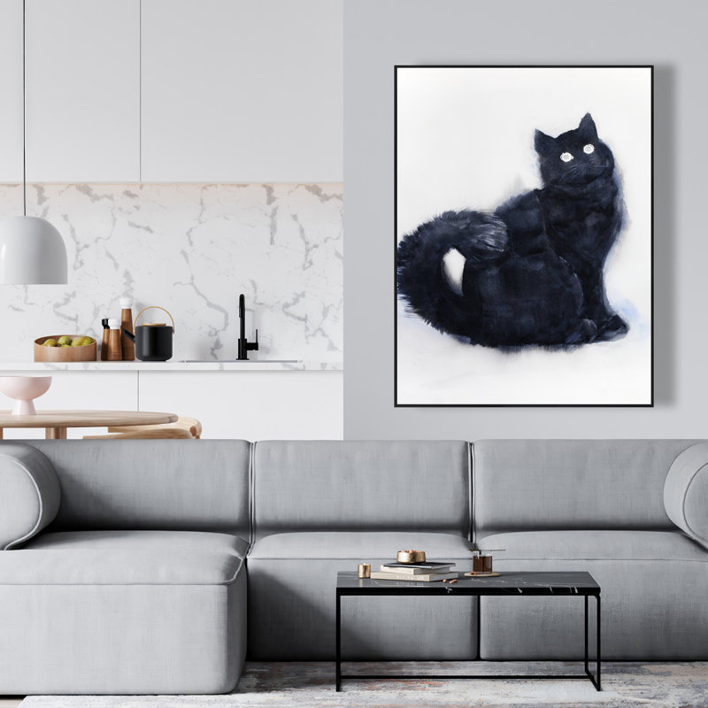 Furry Black Watercolor Cat - Black Framed Canvas Decor