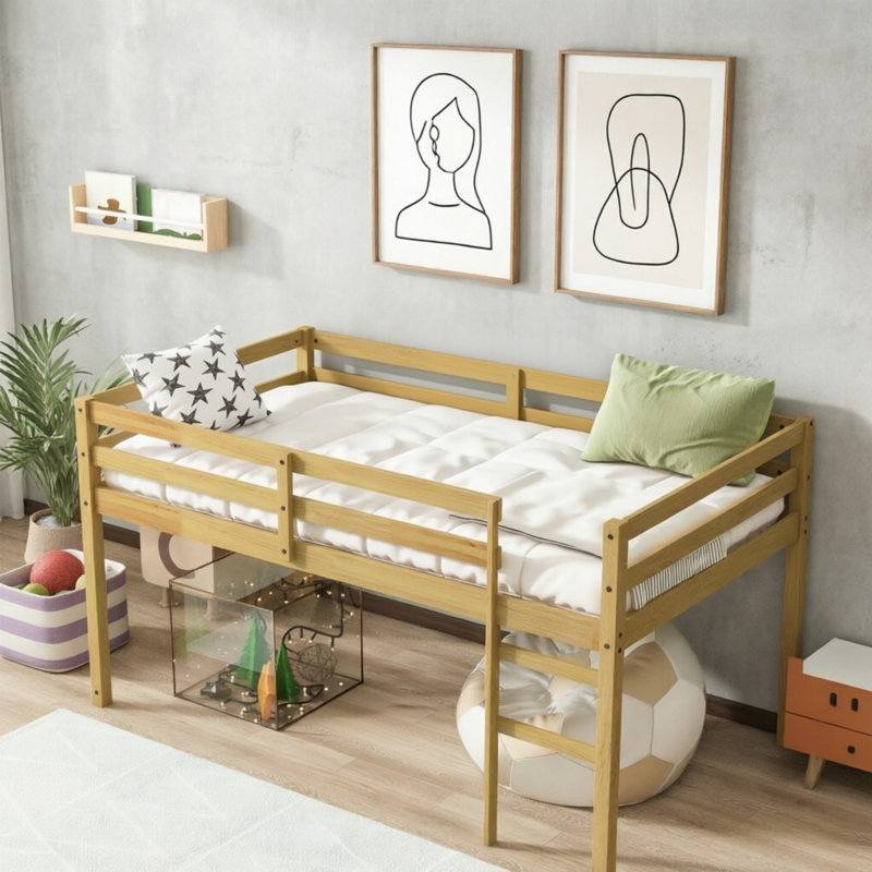 Lit mezzanine simple en bois d'hévéa avec échelle, plateforme de lattes renforcées, Naturel