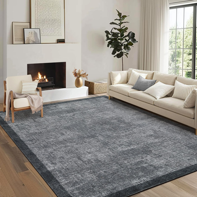 Bordered Machine Washable Rug with Rubber Backing Non Slip Soft Non Shedding Low Pile Thin Foldable Indoor Carpet, Dark Gray