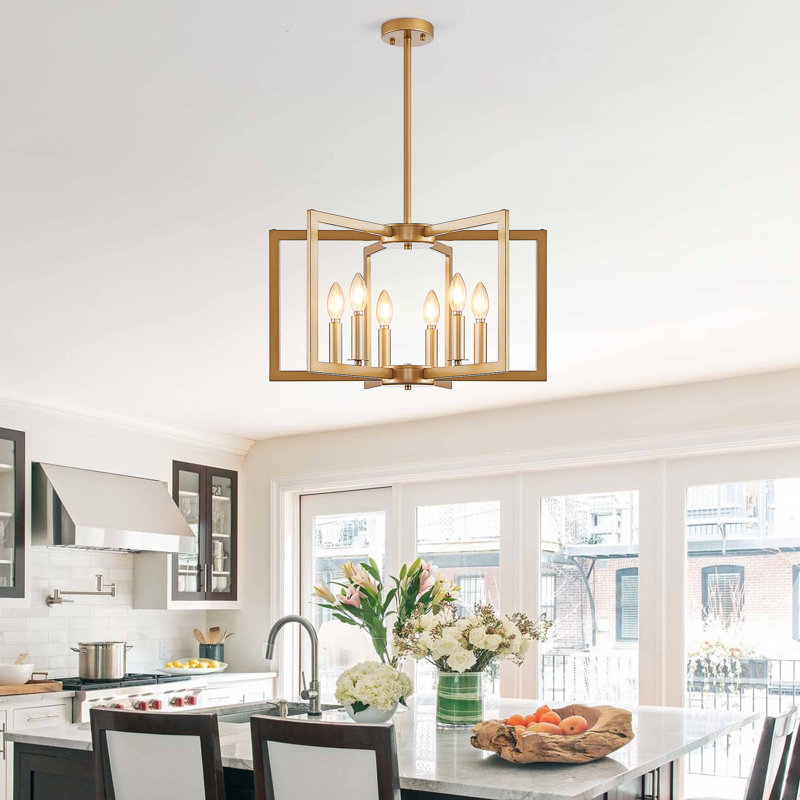  6-Light 21.7'' Square / Rectangle Candle-Style Geometric Chandelier Gold for Dining Room, Kitchen or Hallway, Gold, 6