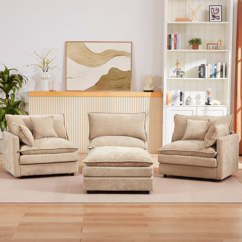 3-Seater Comfy Cloud Couches With Movable Ottoman, Coffee