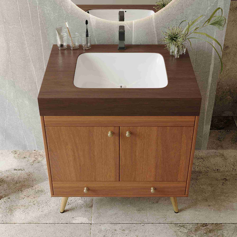 Meuble-lavabo autoportant Mid-Century, Noyer, Brun