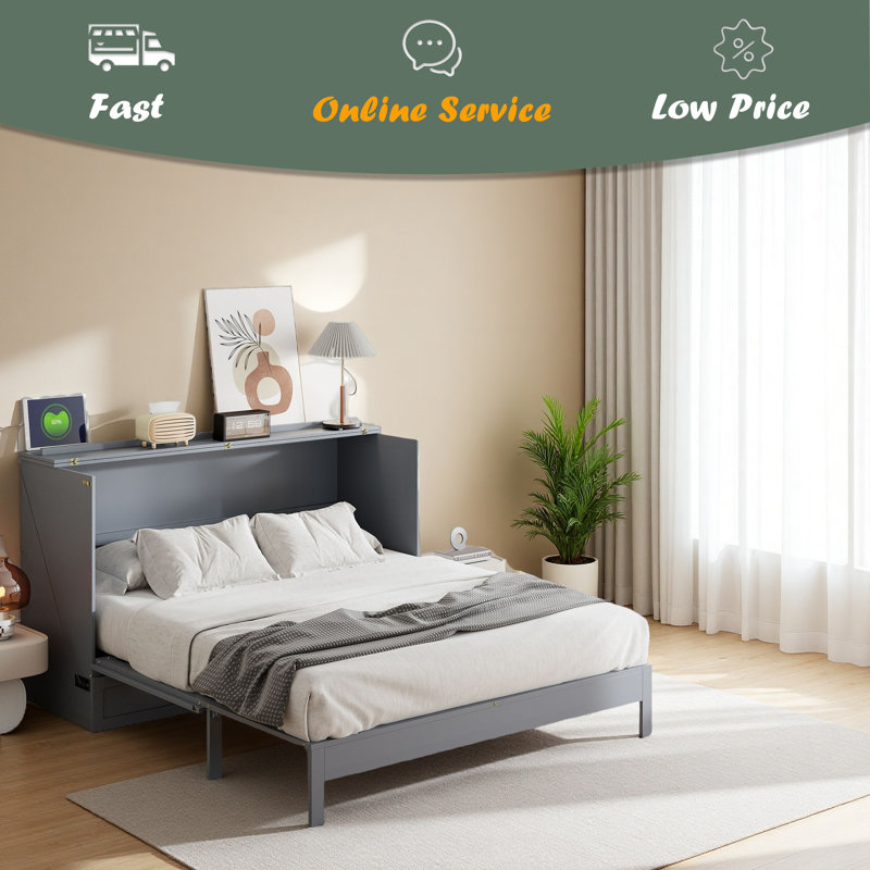 Lit escamotable avec grands tiroirs Murphy, Gris, Grand lit