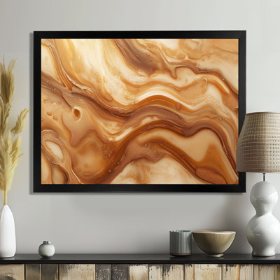 Liquide organique beige caramel terre chaude - Tableau abstrait encadré effet marbre