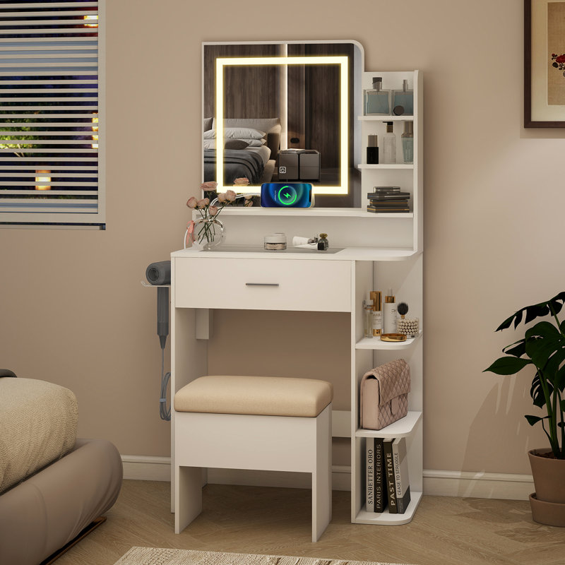 LED Mirror Dressing Table Set with Charging, Vanity Desk with Drawer&Storage Stool, Side Shelves & Hair Dryer Holder