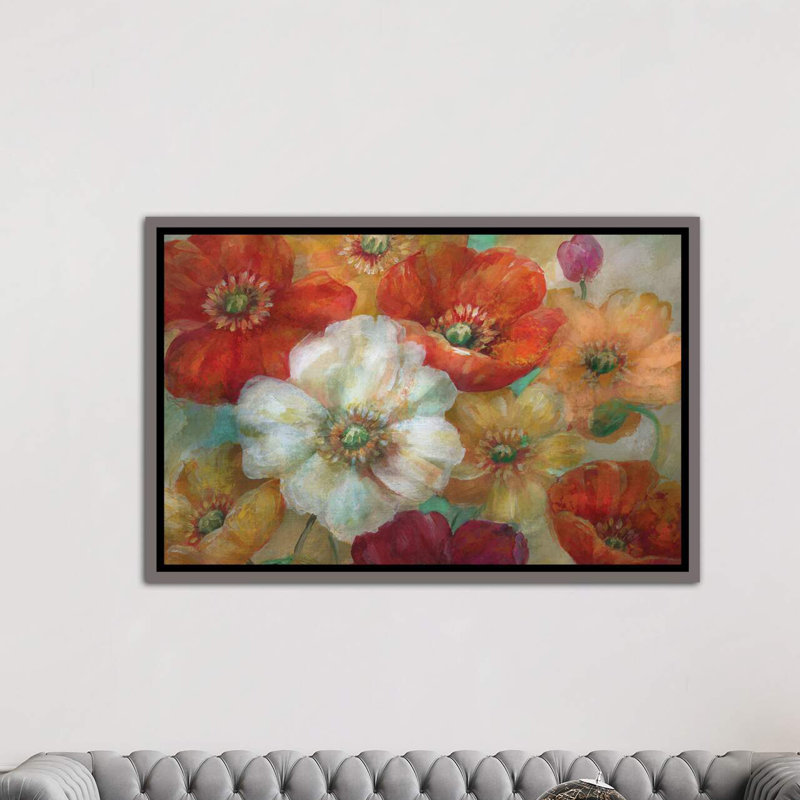 « poppycentric » par nan-reproduction d’art, H 32 po x l 48 po x P 1,5 po, Toile encadrée de bois rustique foncé