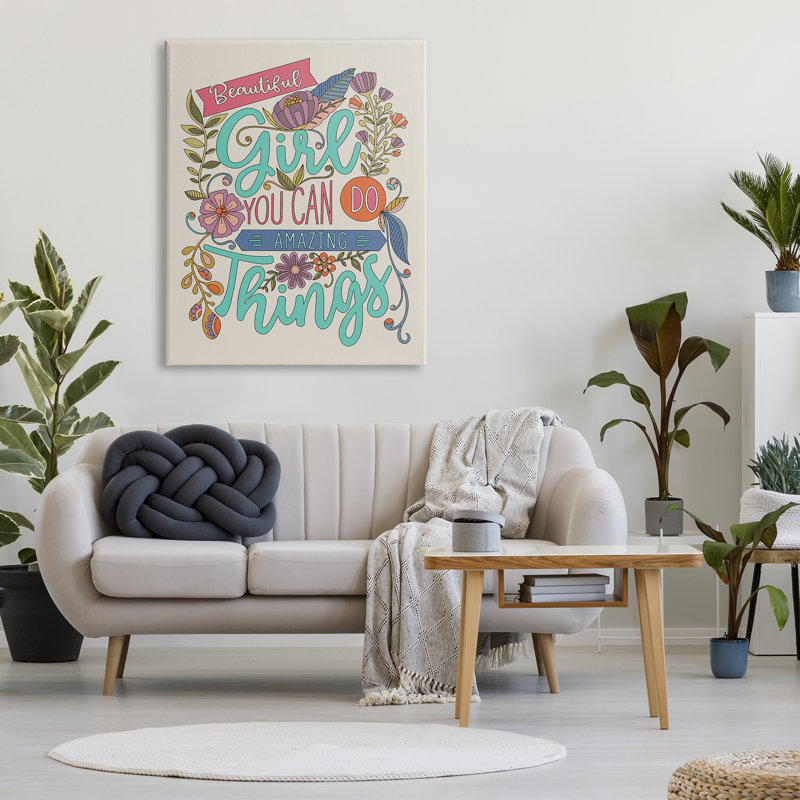 Girl Power Fun Motivation Motif floral complexe par Valentina Harper - Art textuel, Toile tendue