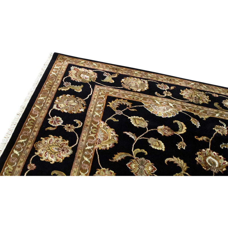 Tapis noir / beige en laine noué à la main de conception unique 8 pi 11 po x 12 pi 3 po
