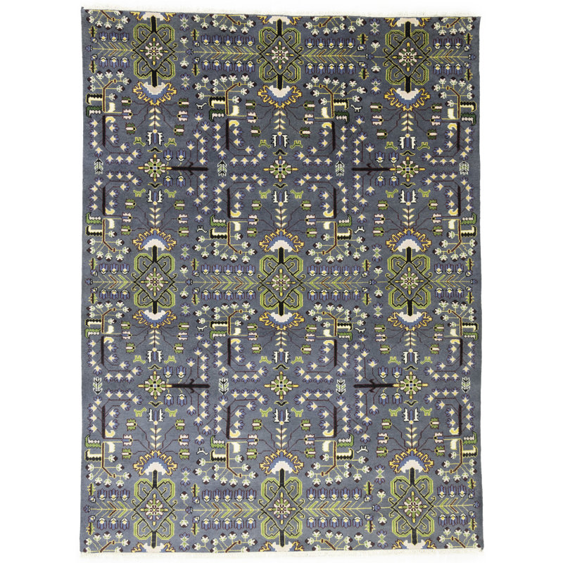 Tapis floral gris en laine noué à la main 9 pi x 12 pi Floral