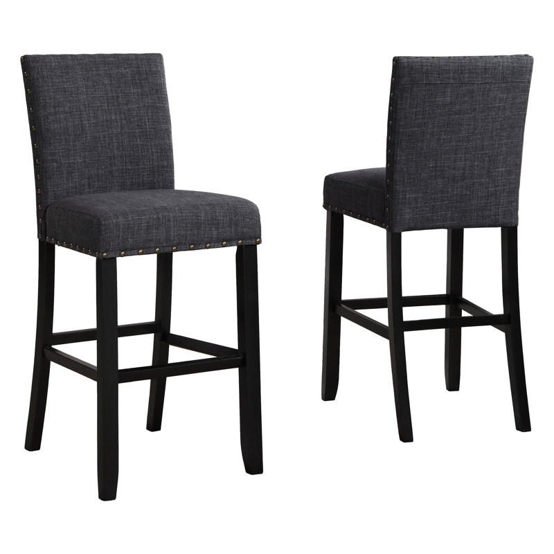 2 tabourets de bar gris - structure en bois franc et tête de clou, H 44 po, siège H 30 po, 16 po x 23 po 2 bois massif, garniture, dimensions 16 po x 23 po