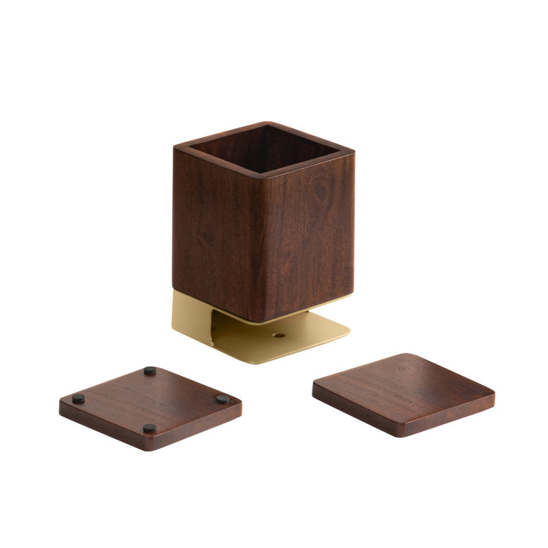 Porte-stylo en bois massif avec 2 sous-verres, Or / noyer