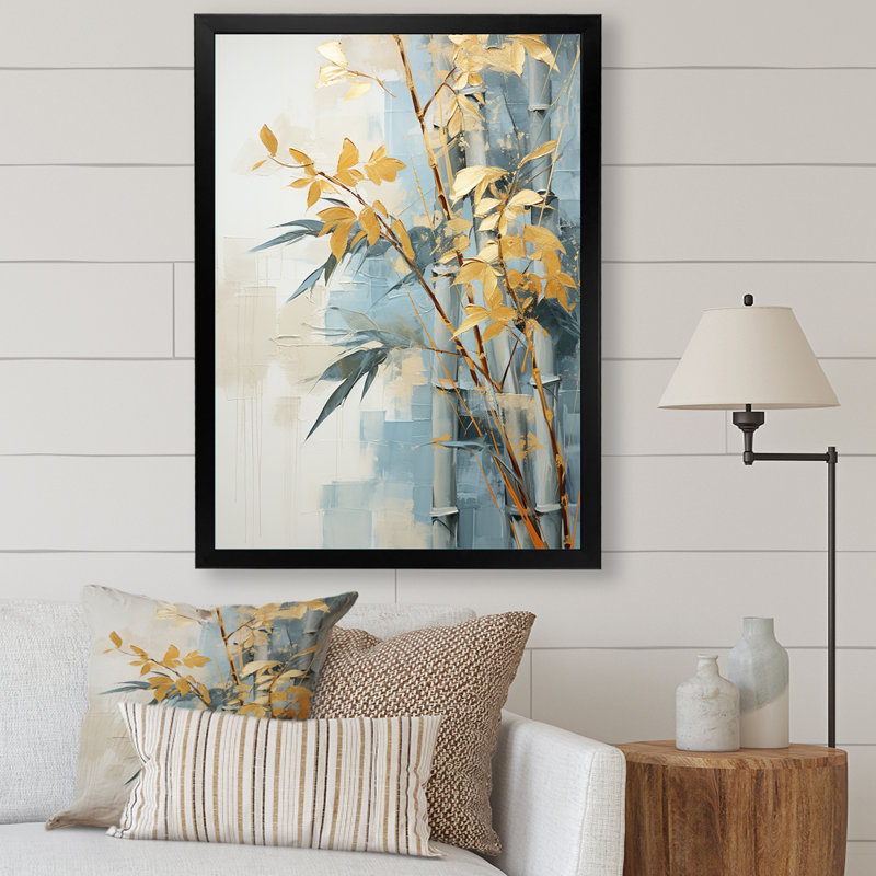Impression sur toile botanique bambou, impression nature bleu doré - Bambou doré et bleu IV, H 40 po x l 30 po x P 1,5 po