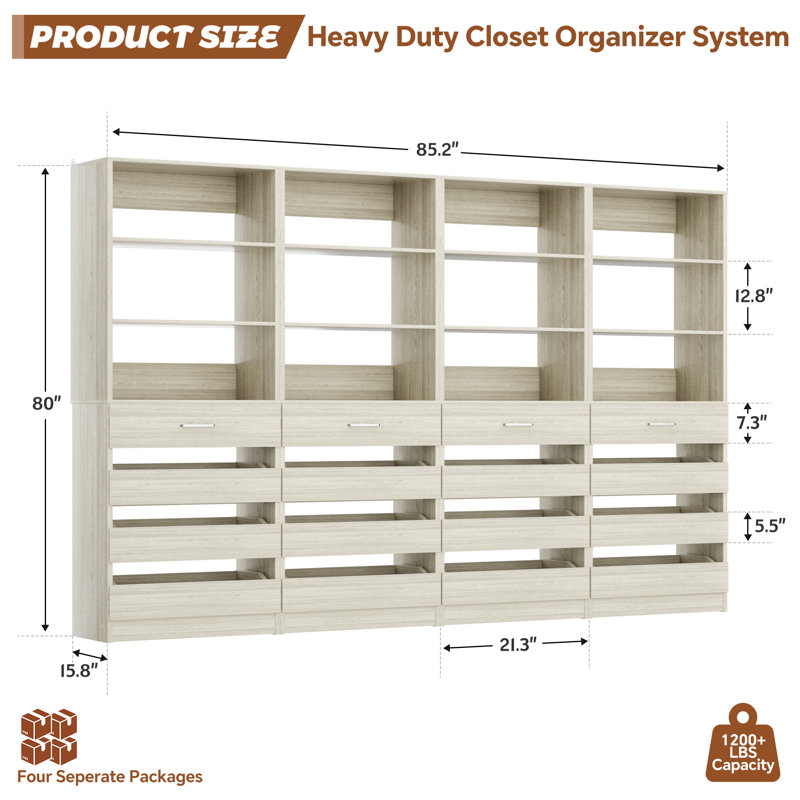 Closet System With 16 Wooden Drawers, Freestanding Closet Organizer With Shelves, Washed Oak
