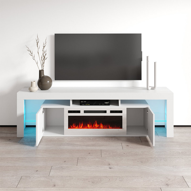 Soleo 78.7" Modern TV Stand with Electric Fireplace, High Gloss Finish, Media Storage, White