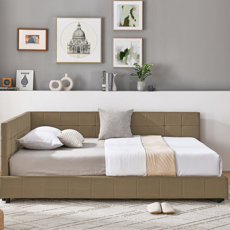 Lit de jour en velours rembourré - Pleine grandeur avec pour une chambre à coucher et un salon fascinants, Beige