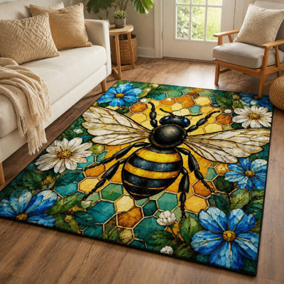 1Pcs Bee and floral stained glass design - vibrant, artistic rug, durable, easy to clean, large decorative floor mat, non-slip backing, suitable for living room, bedroom, kitchen, office indoor use for home detor