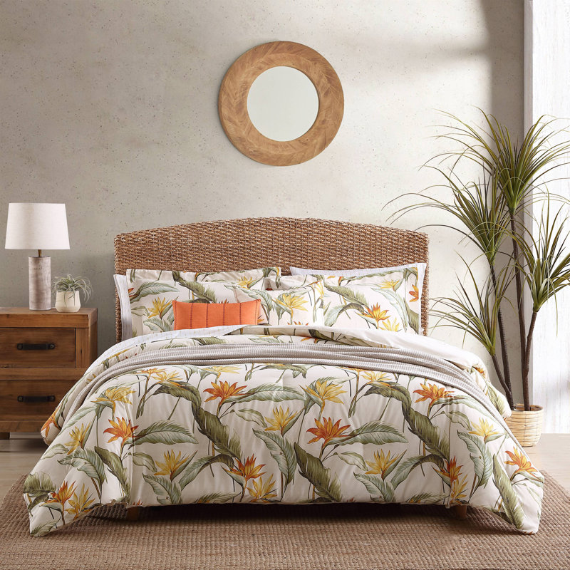 Tommy Bahama Birds Of Paradise Ivory Cotton Reversible 5 Piece Comforter Set, King Comforter + 2 King Shams + 2 Throw Pillows