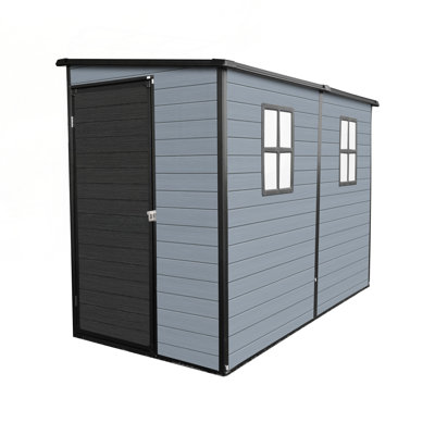 JBRHTWP8MQAPNM4E 4x8ft Outdoor Garden Shed with Floor and 2 Windows, Patio Outdoor Storage Shed with Lockable Door for Garden Tools, Bicycles, Trash Cans, Gray+Black