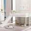Lit mezzanine bas blanc avec glissade verticale et amusante - Option décorative spacieuse de taille simple détachable en pin conçue pour le plaisir à long terme, conception d'espace, amovible-288788119-288788116