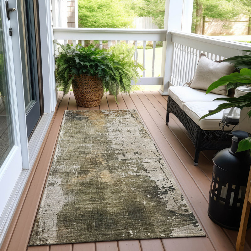 Tapis olive intérieur / extérieur lavable à la machine Claudian ACN1649, Tapis de couloir 2 pi 3 po x 7 pi 6 po