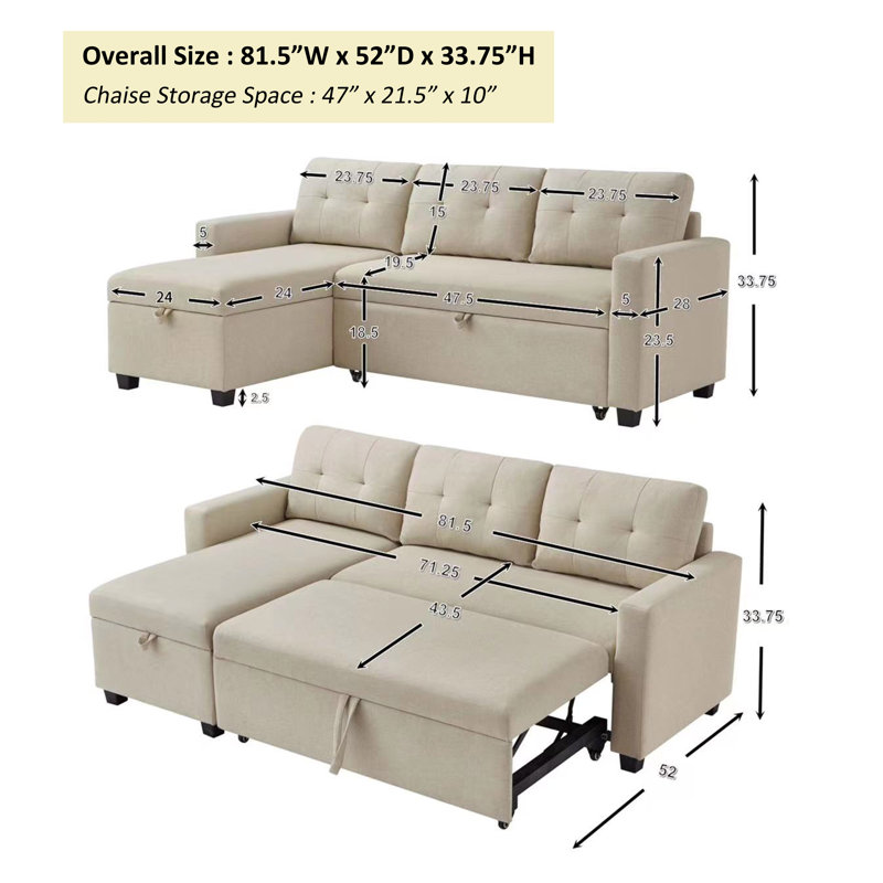 L-Shaped Corner Couch Upholstered Pull Out Sectional Sofa with Storage Chaise, Convertible Sleeper, Beige Linen