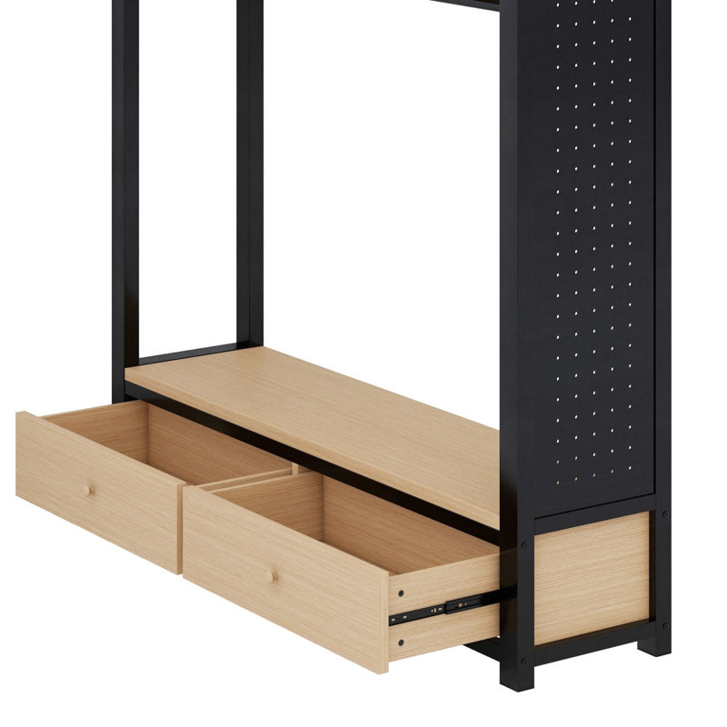 Metal Loft Bed Frame With Wardrobe,Storage Shelves And Pegboard